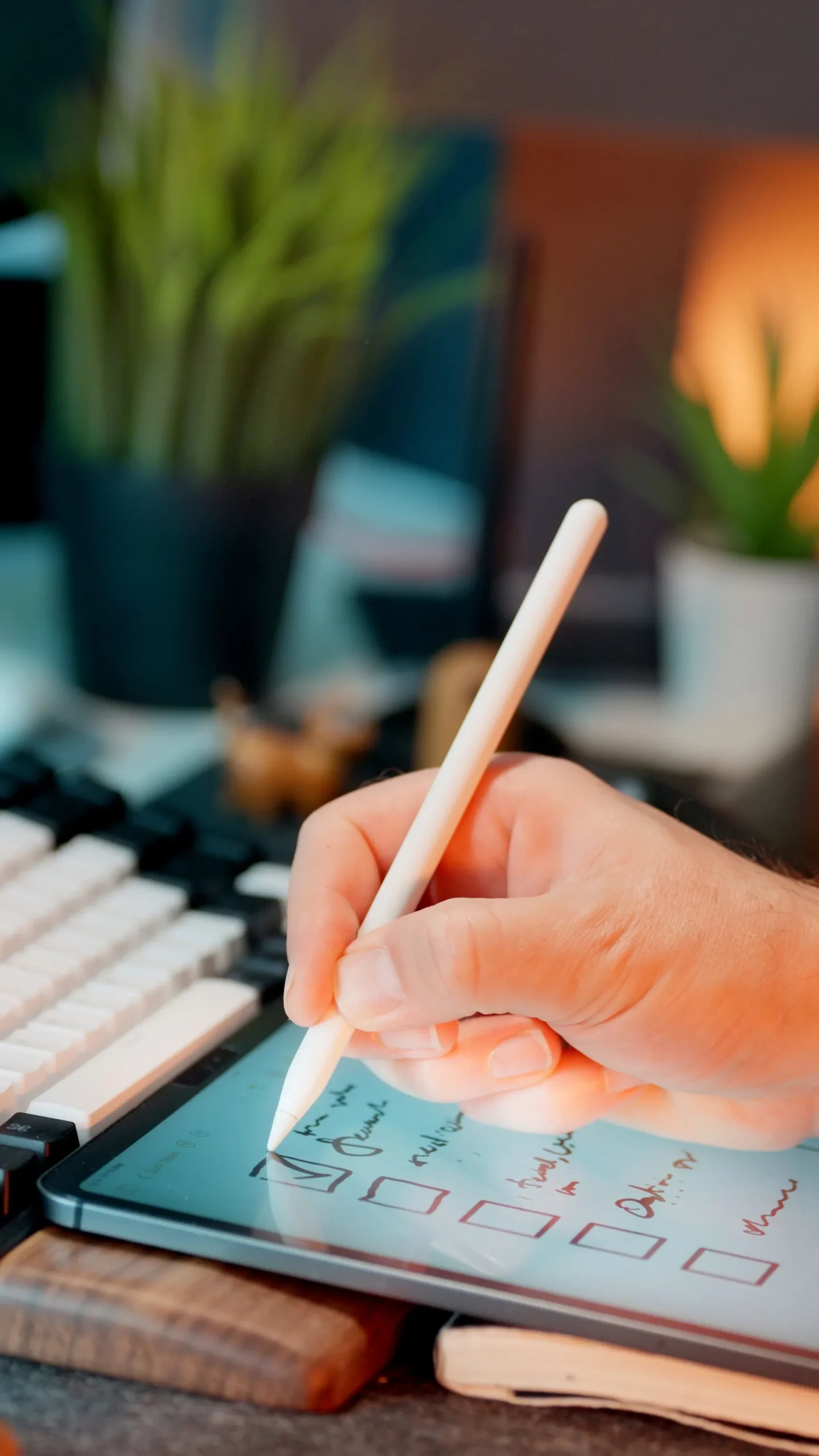 Main tenant un stylet pour valider une checklist de bonnes pratiques SEO sur tablette tactile.