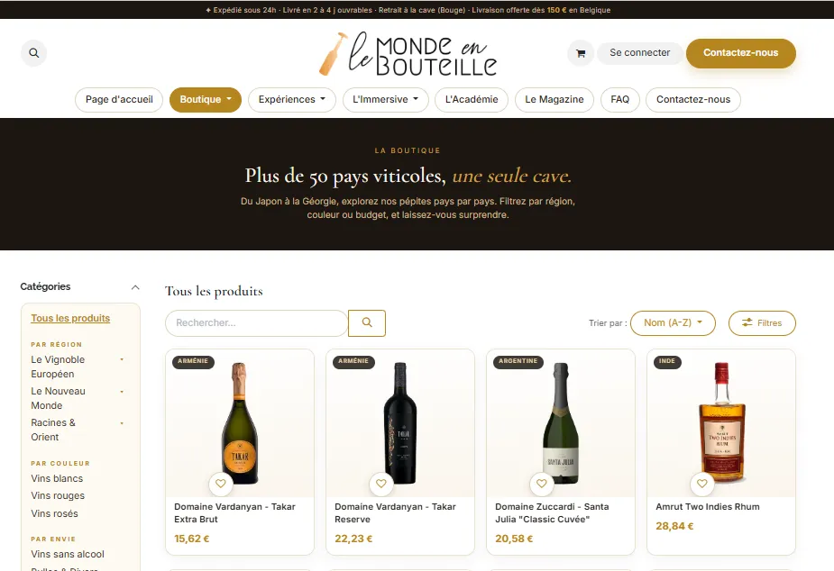 Page d’accueil du site Le Monde en Bouteille avec présentation de bouteilles de vin