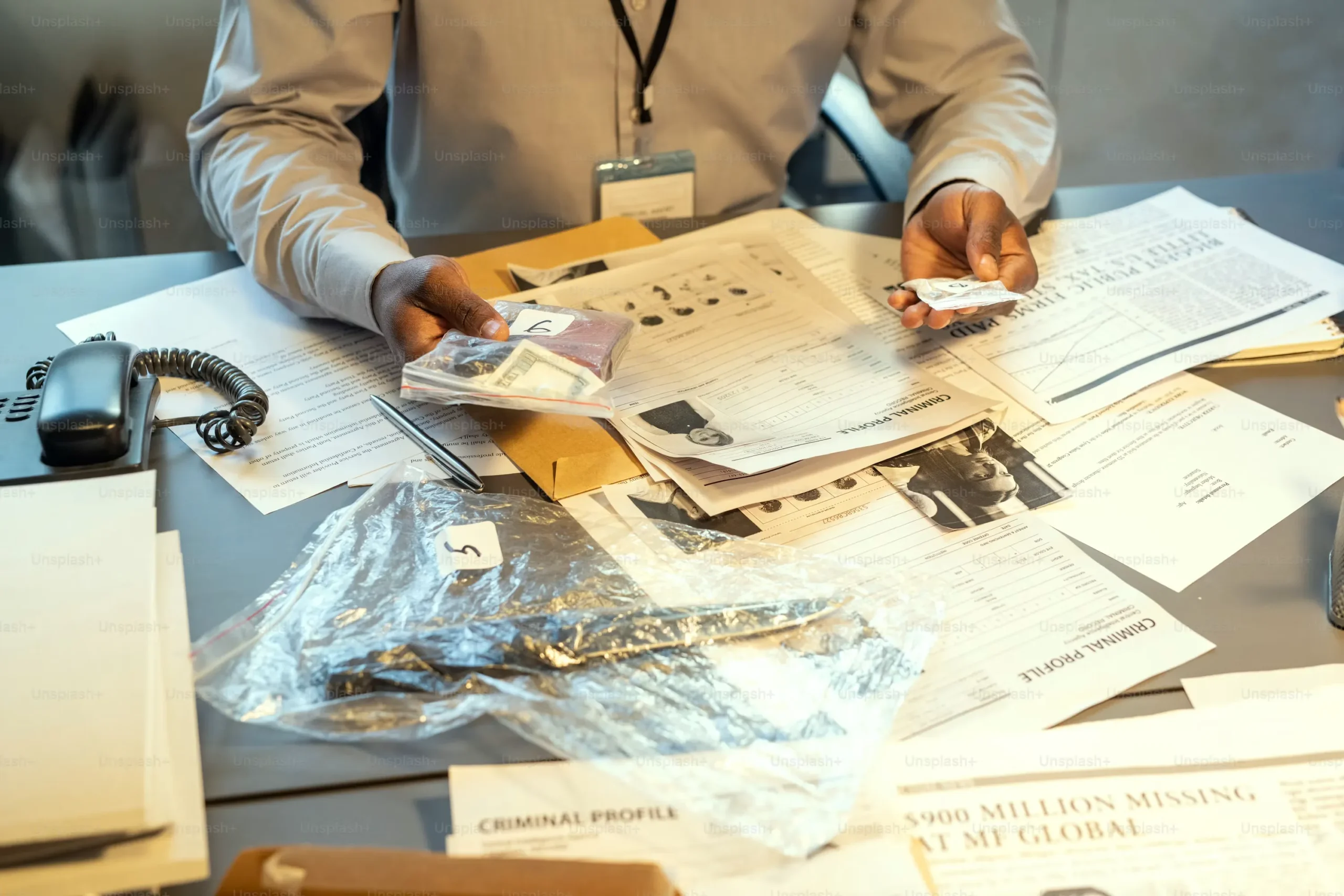 Mains manipulant plusieurs papiers, emballages et documents sur une table de travail.