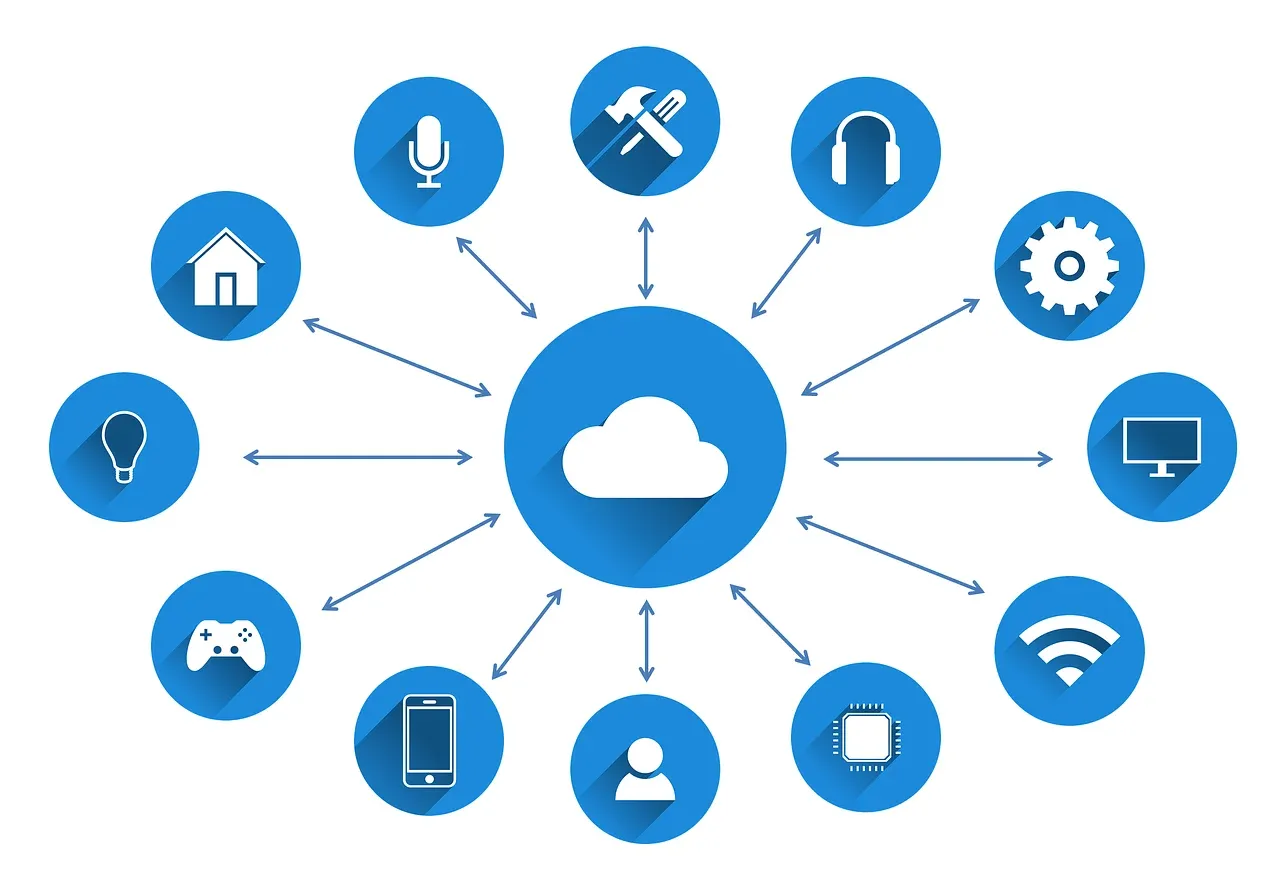 Icône de nuage central reliée à différentes fonctionnalités web et logicielles.