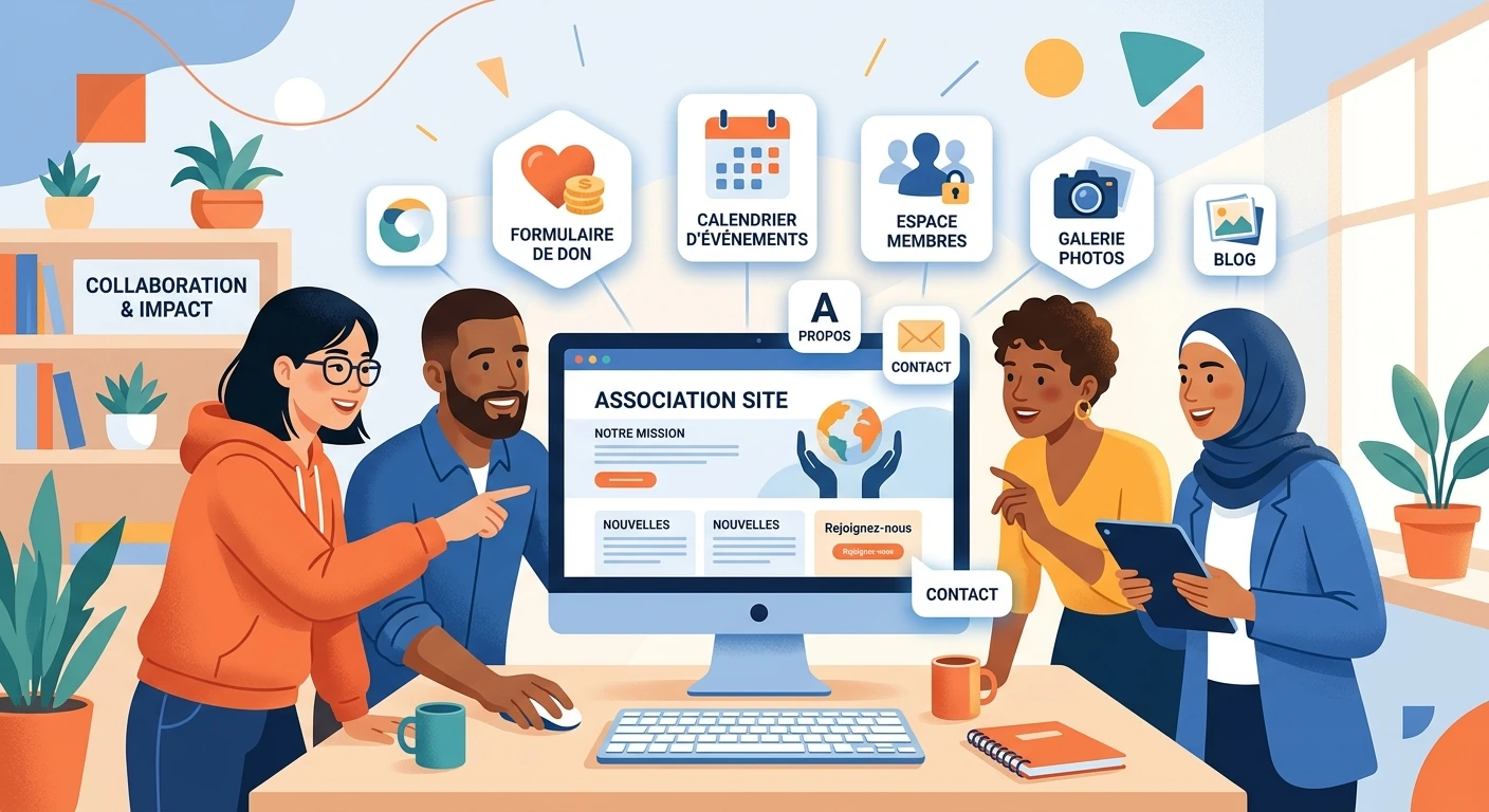 Graphique vectoriel montrant des personnes communiquant autour d'un ordinateur et d'écrans.