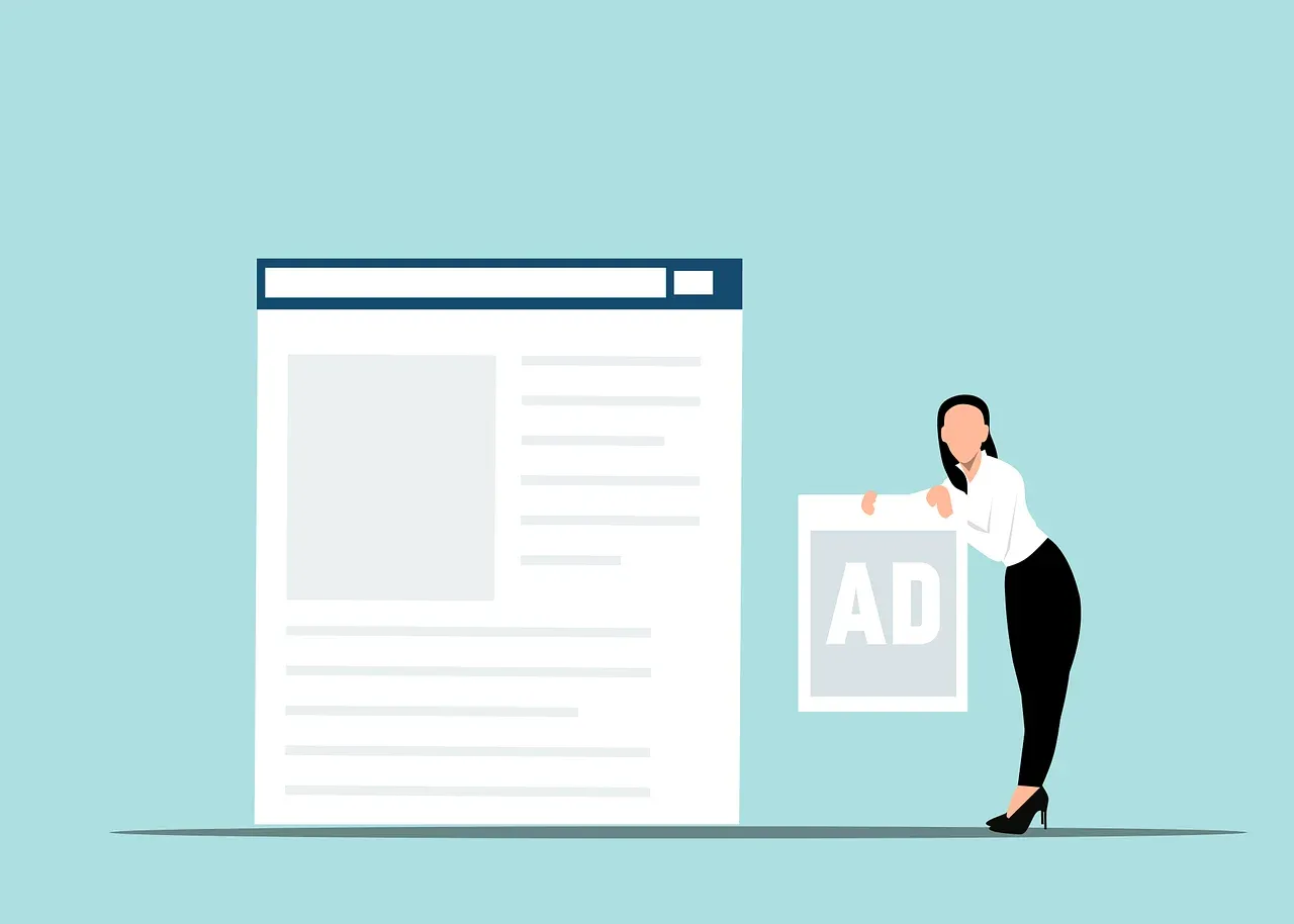 Personnage féminin présentant une bannière publicitaire sur une maquette de site web.