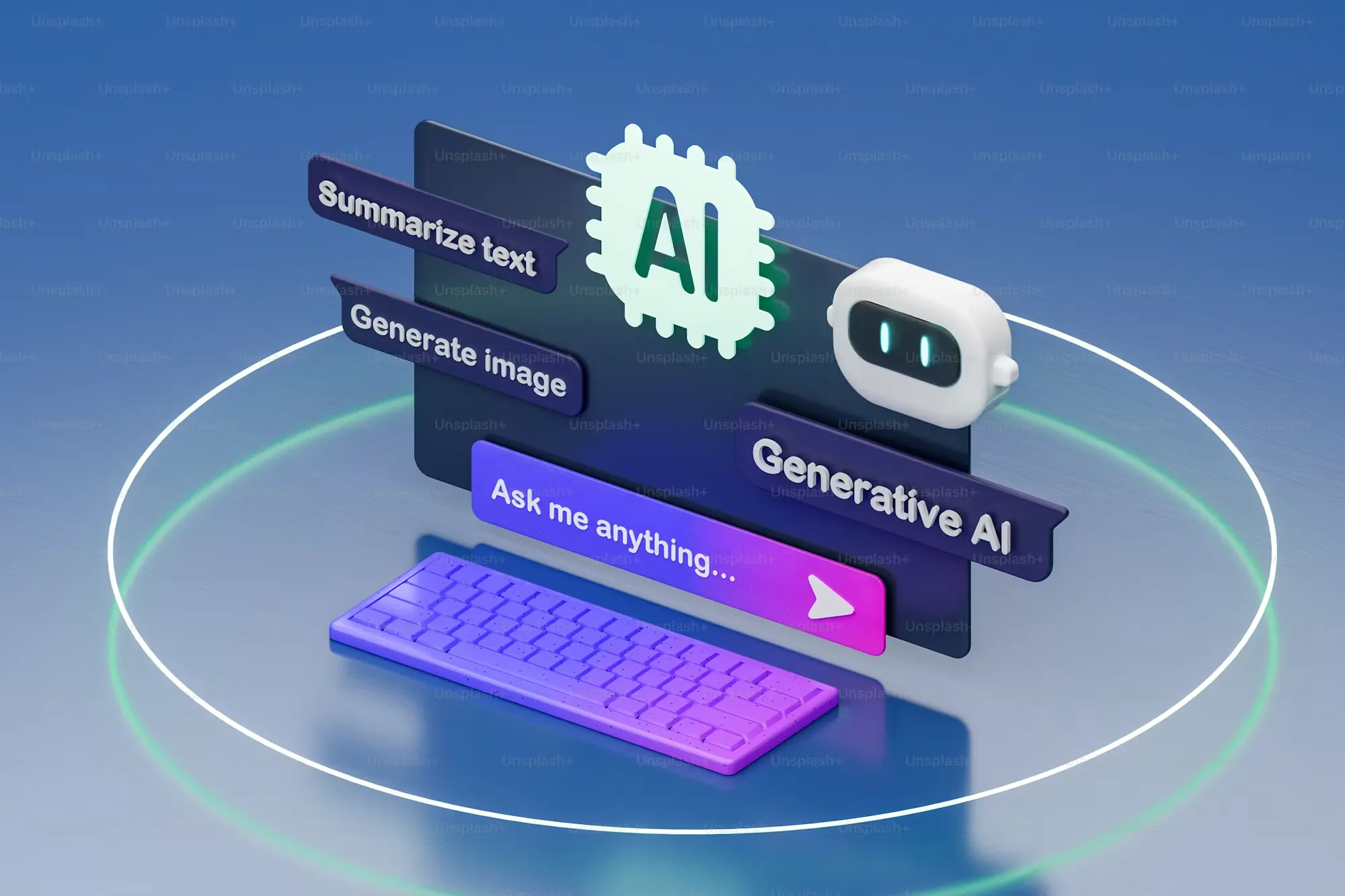 Interface 3D illustrant les fonctionnalités de l'intelligence artificielle générative.