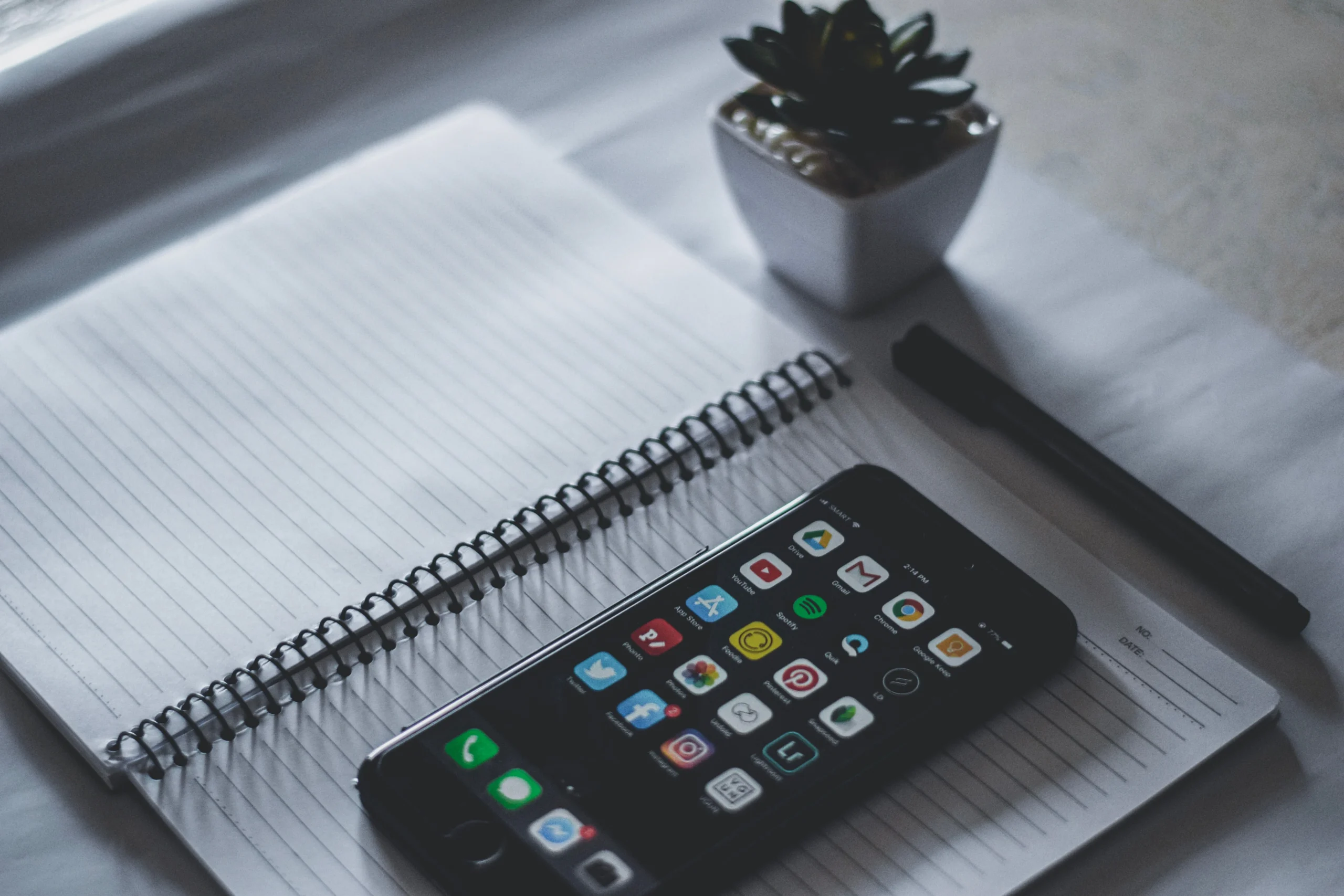 Smartphone posé sur un cahier de notes à côté d'un stylo et d'une petite plante.