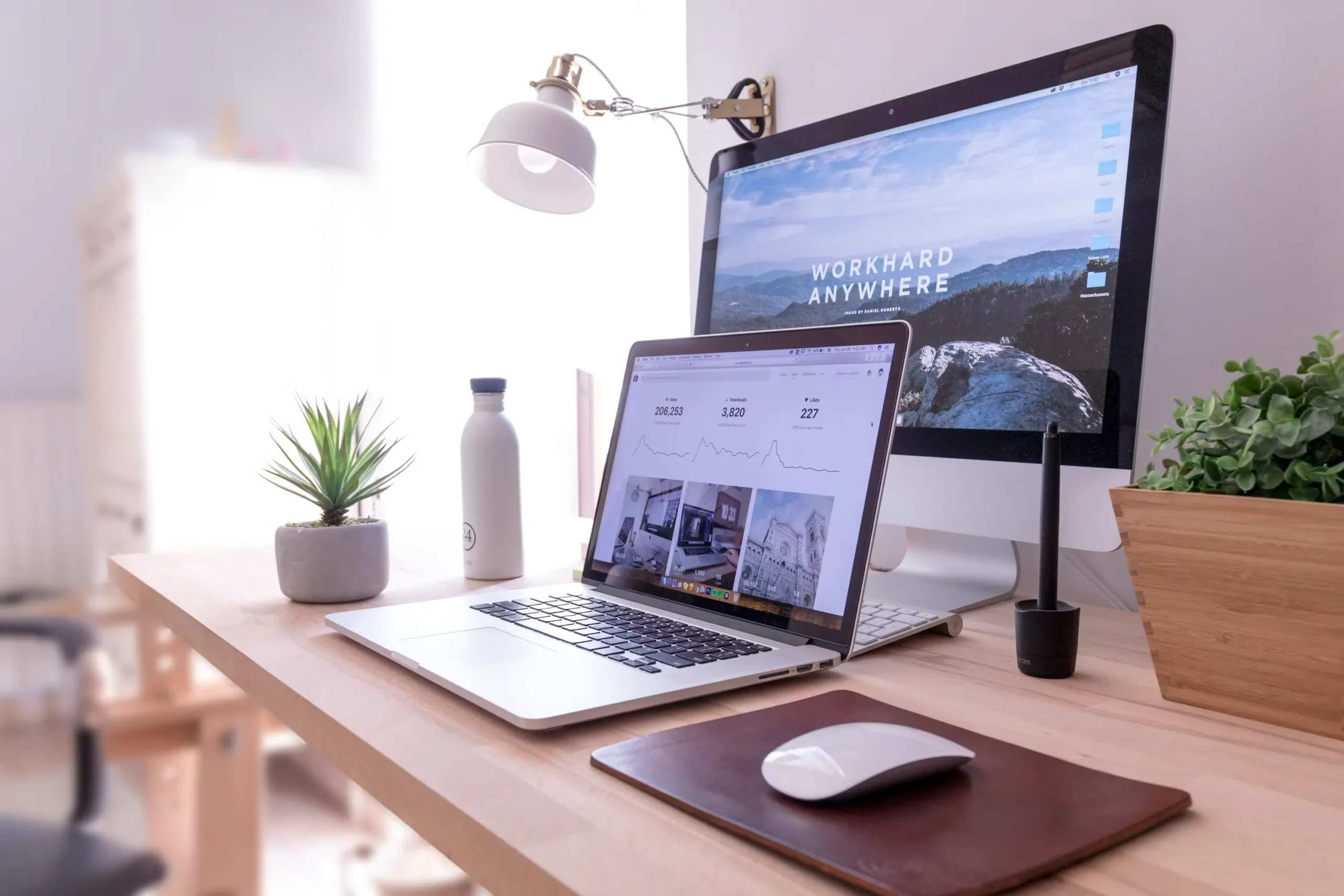 Espace de travail avec ordinateur portable, moniteur externe, souris et plante de bureau.