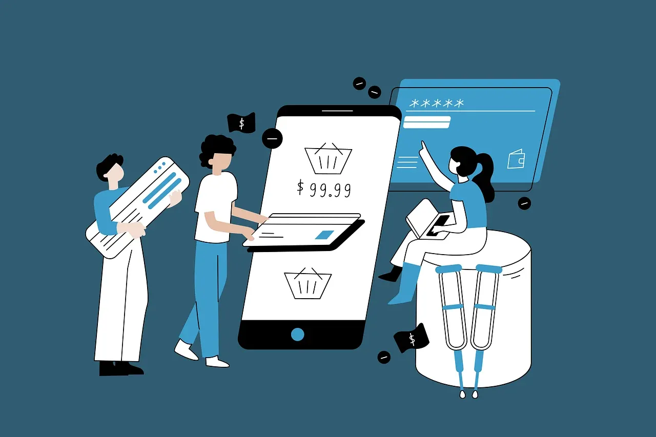 Personnages illustrés effectuant des achats via un écran de smartphone géant.